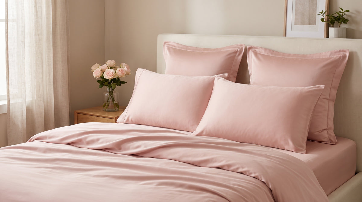Bambus Bettwäsche Rosé – bezogenes Doppelbett im Schlafzimmer