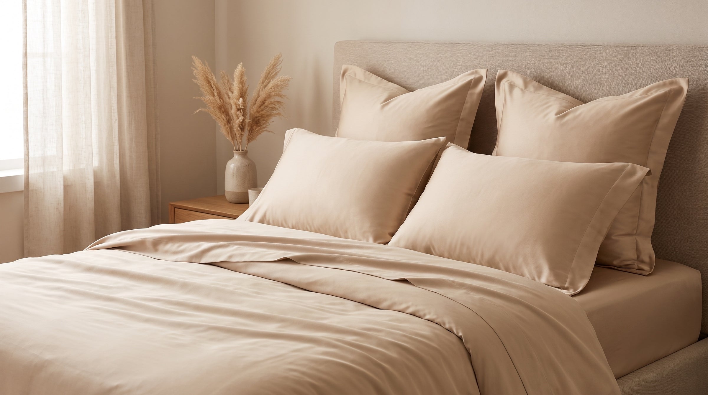 Bambus Bettwäsche Beige – bezogenes Doppelbett im hellen Schlafzimmer