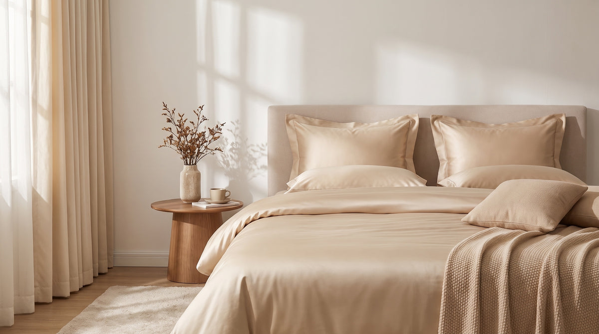 Bambus Bettwäsche Beige – Bett von der Seite mit Bettbezug und Kissen