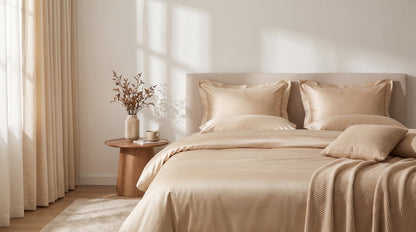 Bambus Bettwäsche Beige – Bett von der Seite mit Bettbezug und Kissen