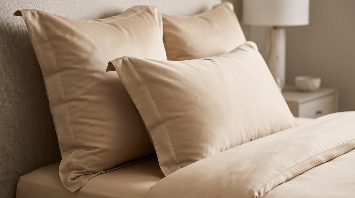 Bambus Bettwäsche Beige – Detail von Kissen und Bettlaken