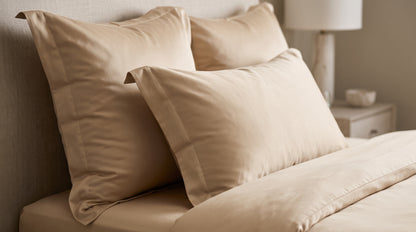 Bambus Bettwäsche Beige – Detail von Kissen und Bettlaken
