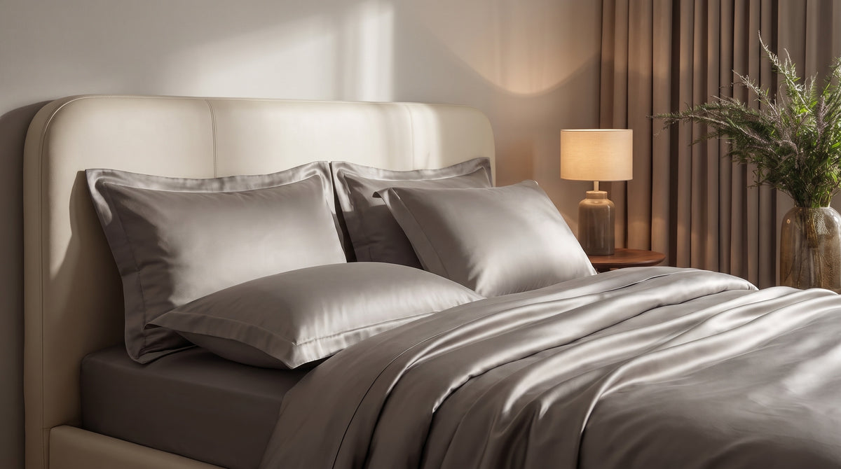 Bambus Bettwäsche Grau – bezogenes Doppelbett im Schlafzimmer