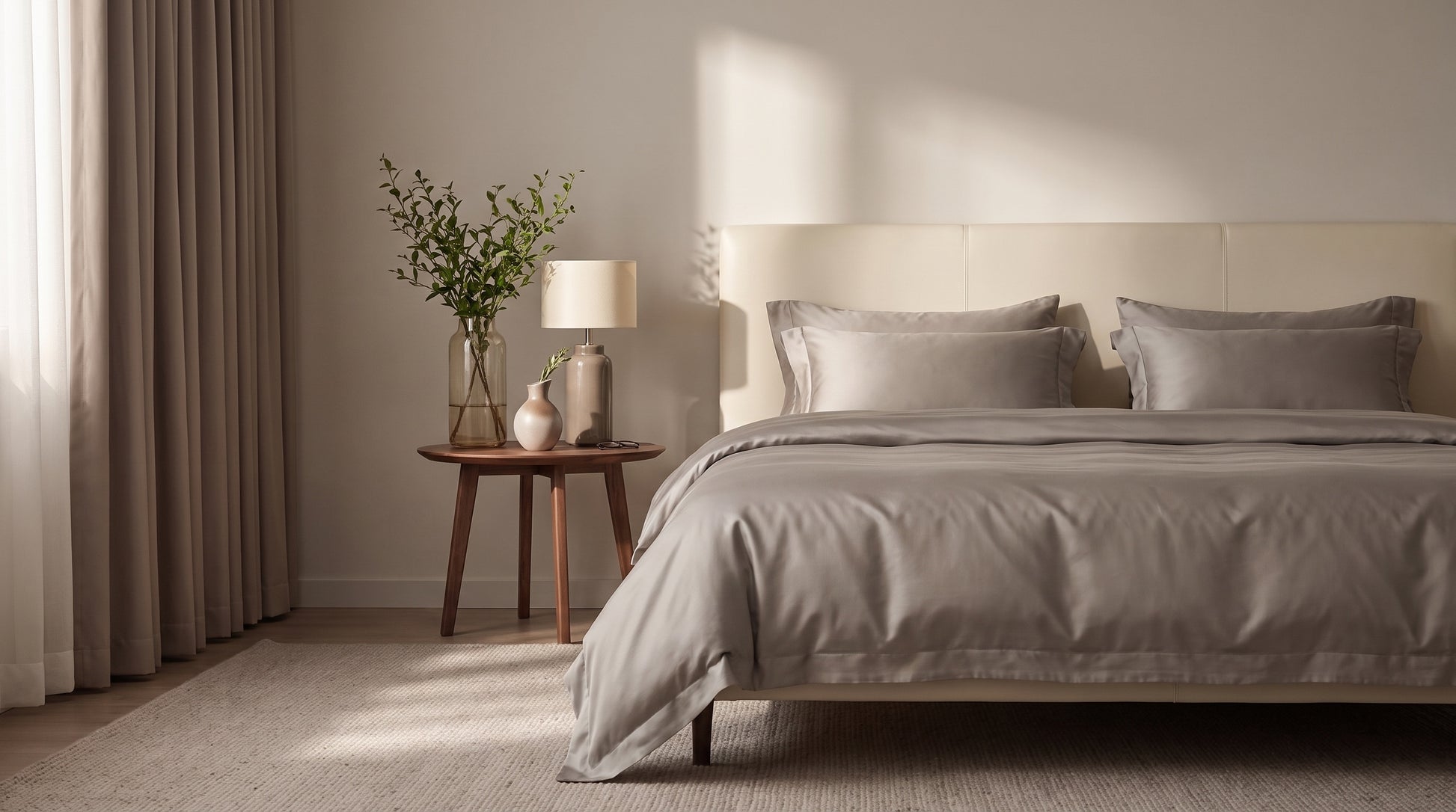 Bambus Bettwäsche Grau – Bett von der Seite mit Bettbezug und Kissen