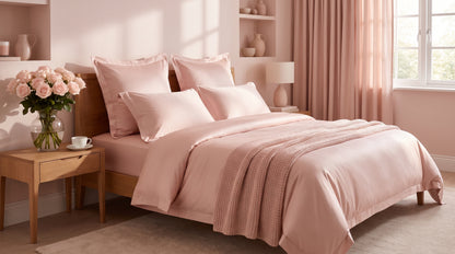 Bambus Bettwäsche Rosé – Bett von der Seite mit Bettbezug und Kissen