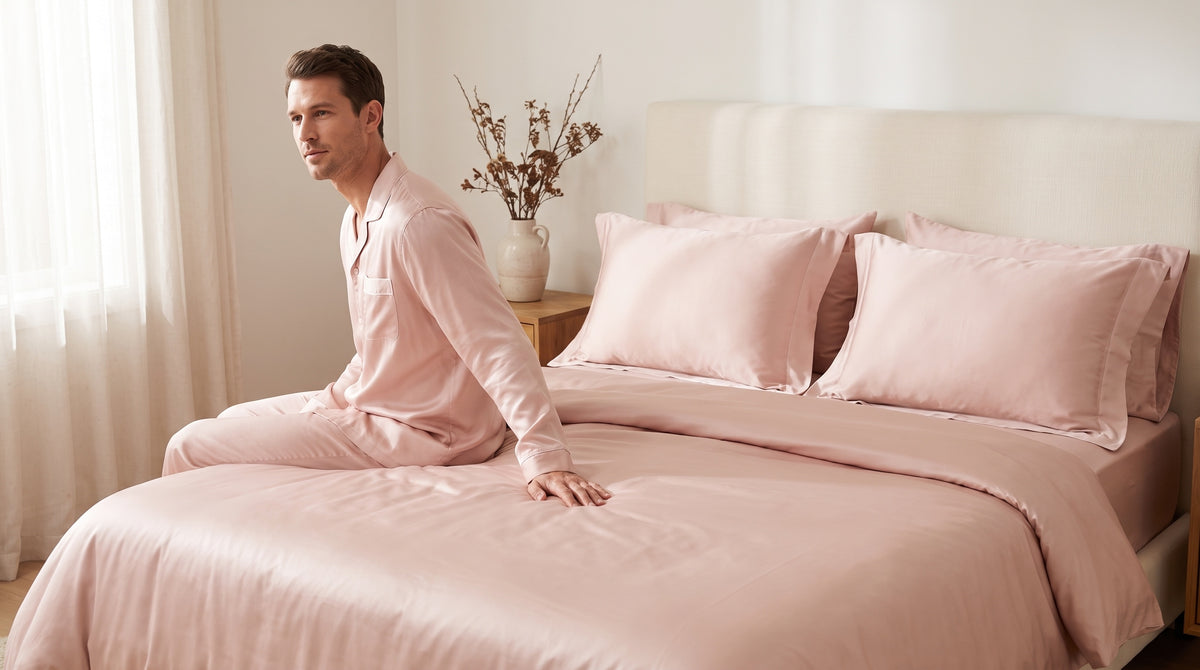Bambus Bettwäsche Rosé – Person im Pyjama auf dem Bett