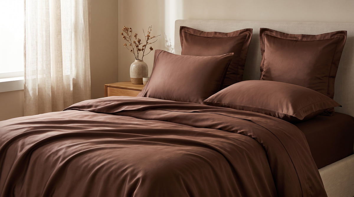 Bambus Bettwäsche Schokolade – Bett von der Seite mit Bettbezug und Kissen