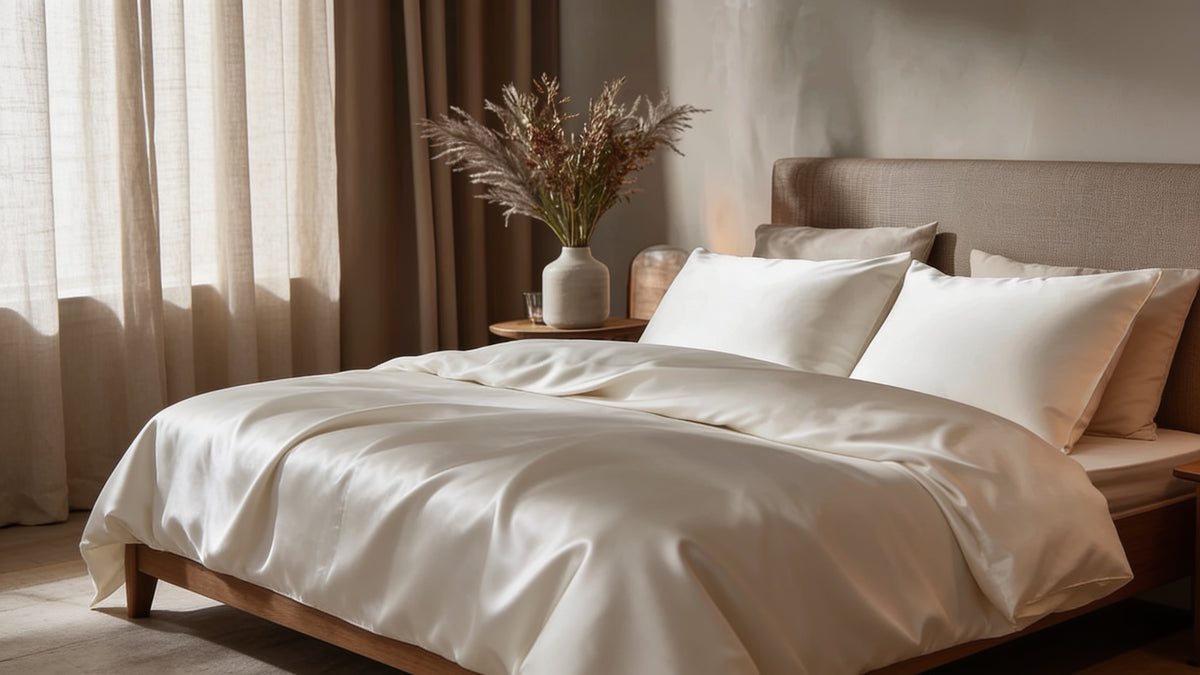 Bambus Bettwäsche Weiß – bezogenes Doppelbett im hellen Schlafzimmer