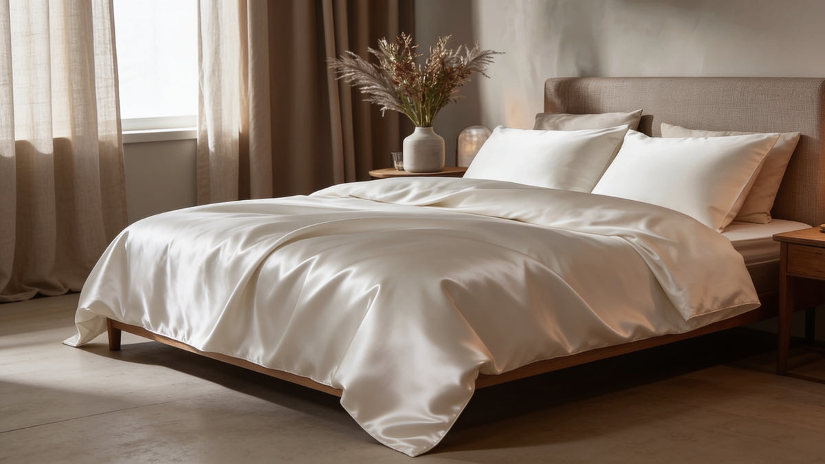 Bambus Bettwäsche Weiß – Bett von der Seite mit Bettbezug und Kissen