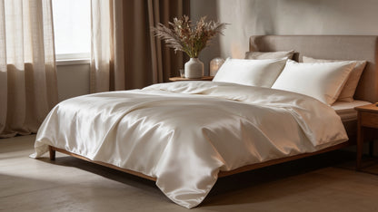 Bambus Bettwäsche Weiß – Bett von der Seite mit Bettbezug und Kissen